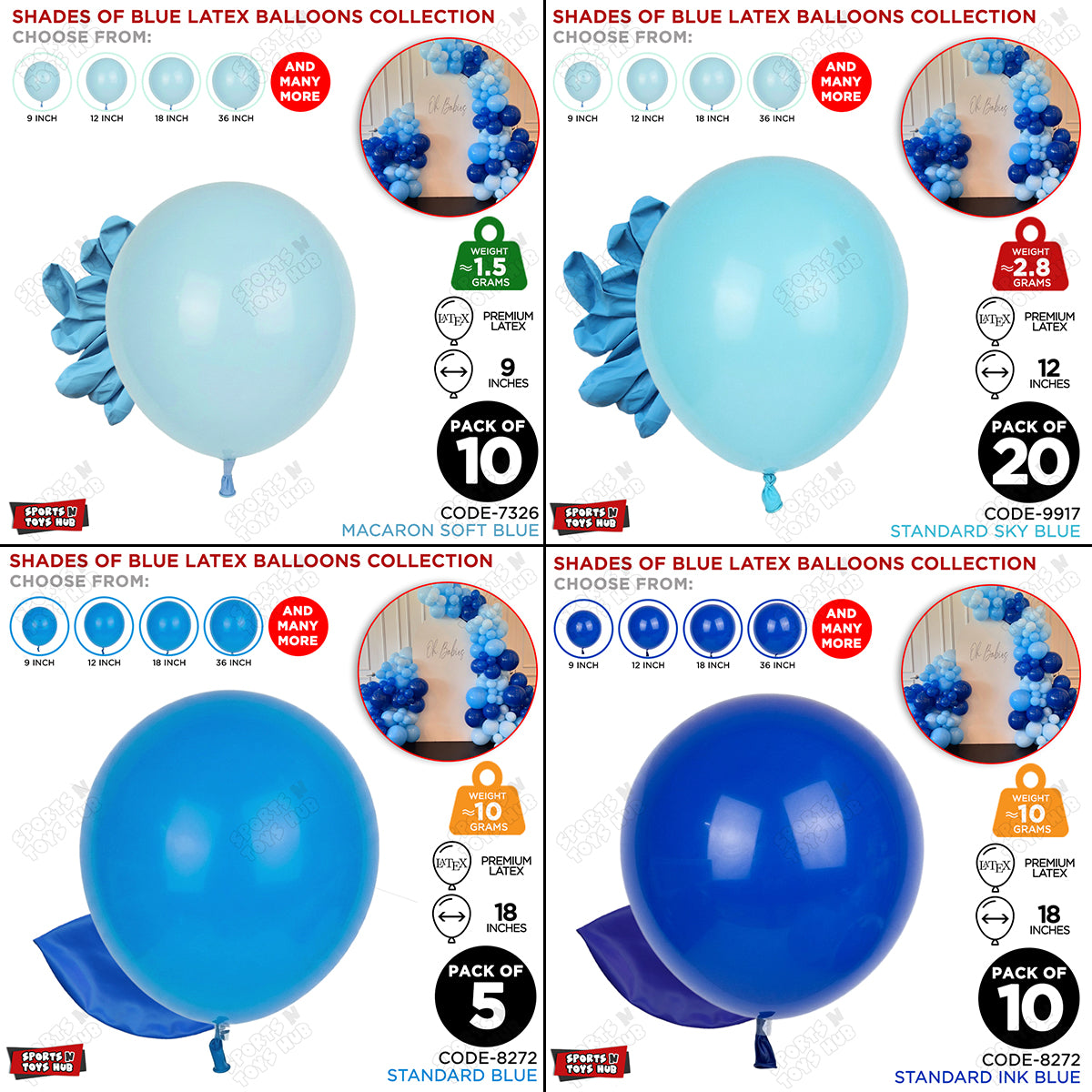 Blue Latex Solid Balloons Available In 9, 12, 18 & 36 Inch Sizes