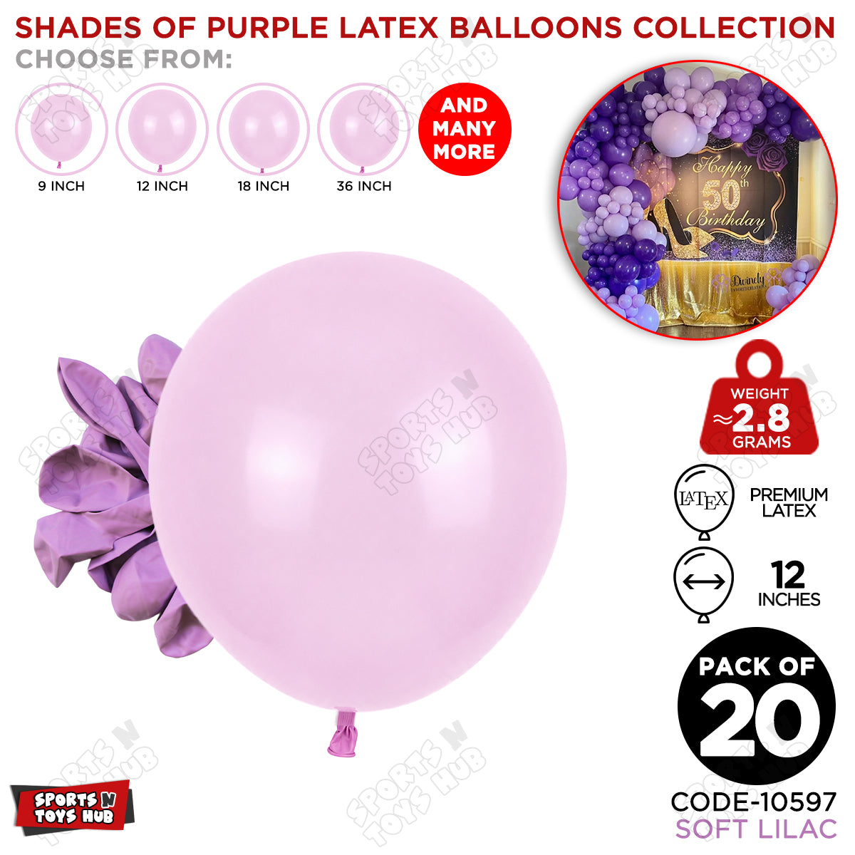 Soft Lilac Purple Latex Balloons Available In 9, 12, 18 & 36 Inch Sizes