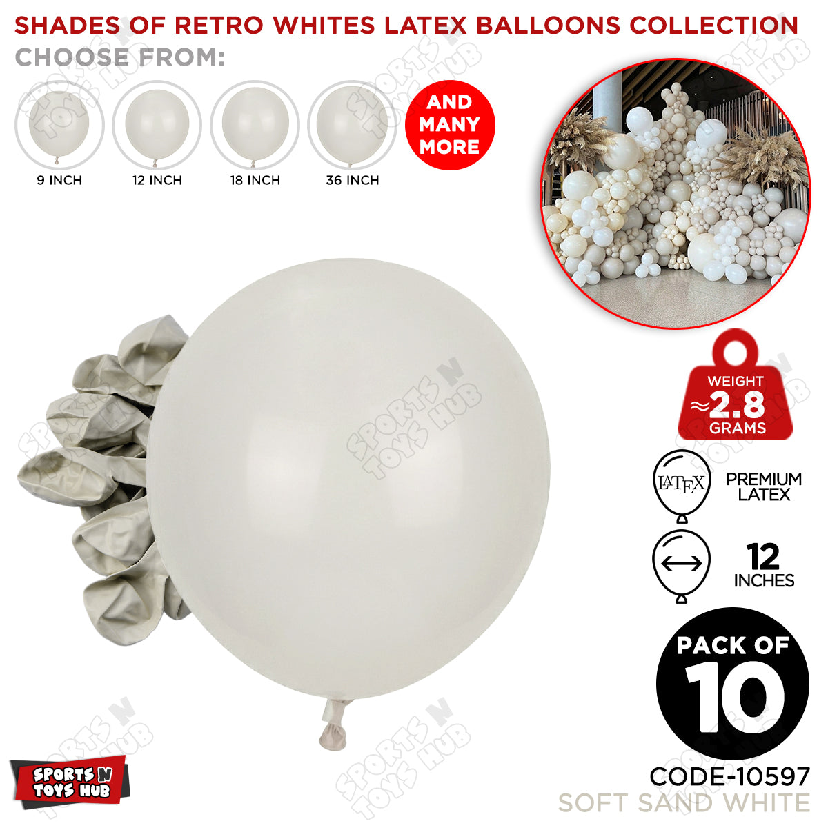 Soft Sand White Latex Balloons Available In 9, 12, 18 & 36 Inch Sizes