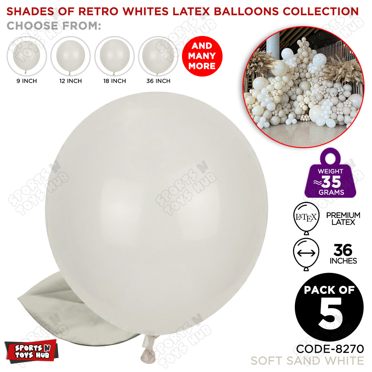 Soft Sand White Latex Balloons Available In 9, 12, 18 & 36 Inch Sizes