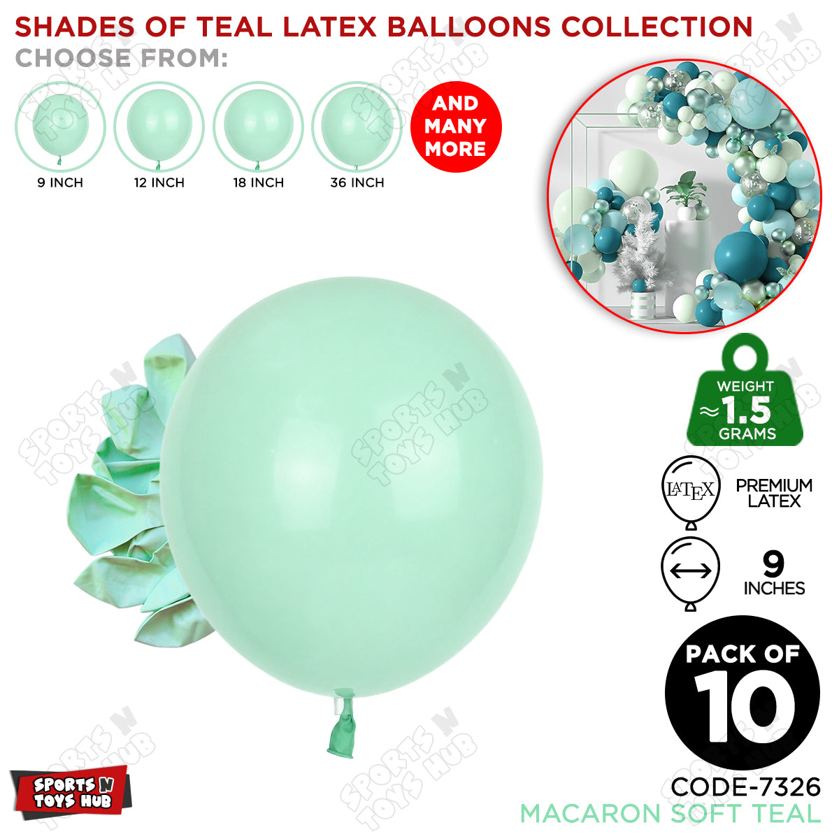 Soft Teal Latex Macaron Balloons Available In 9, 12, 18 & 36 Inch Sizes