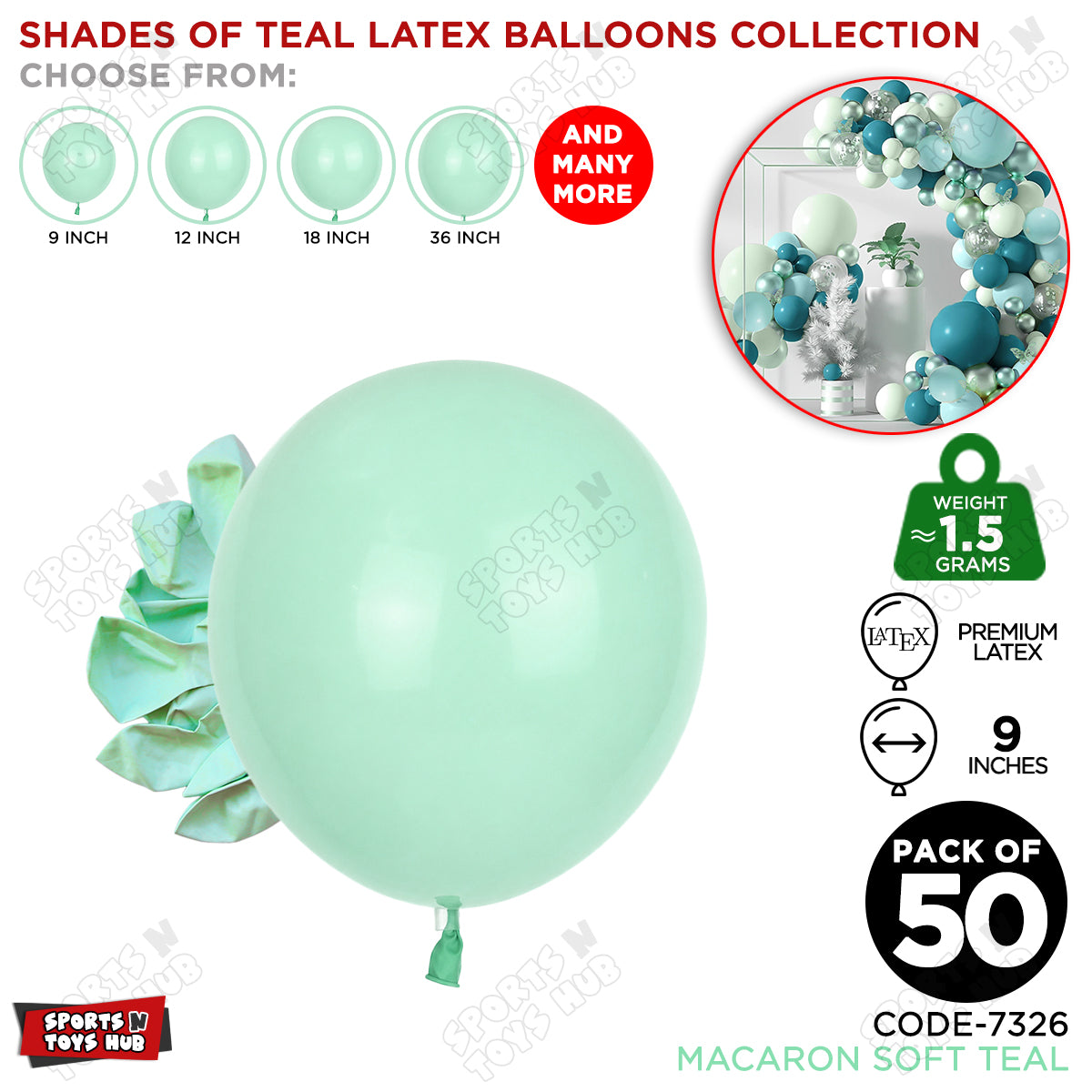 Soft Teal Latex Macaron Balloons Available In 9, 12, 18 & 36 Inch Sizes