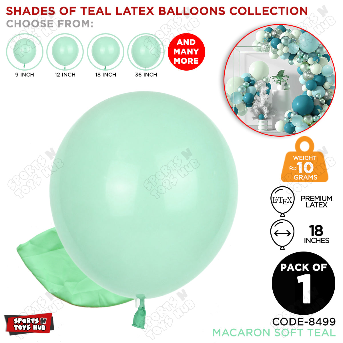 Soft Teal Latex Macaron Balloons Available In 9, 12, 18 & 36 Inch Sizes
