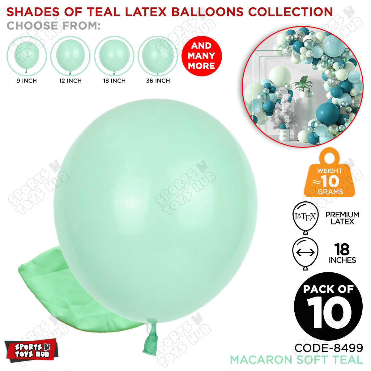 Soft Teal Latex Macaron Balloons Available In 9, 12, 18 & 36 Inch Sizes