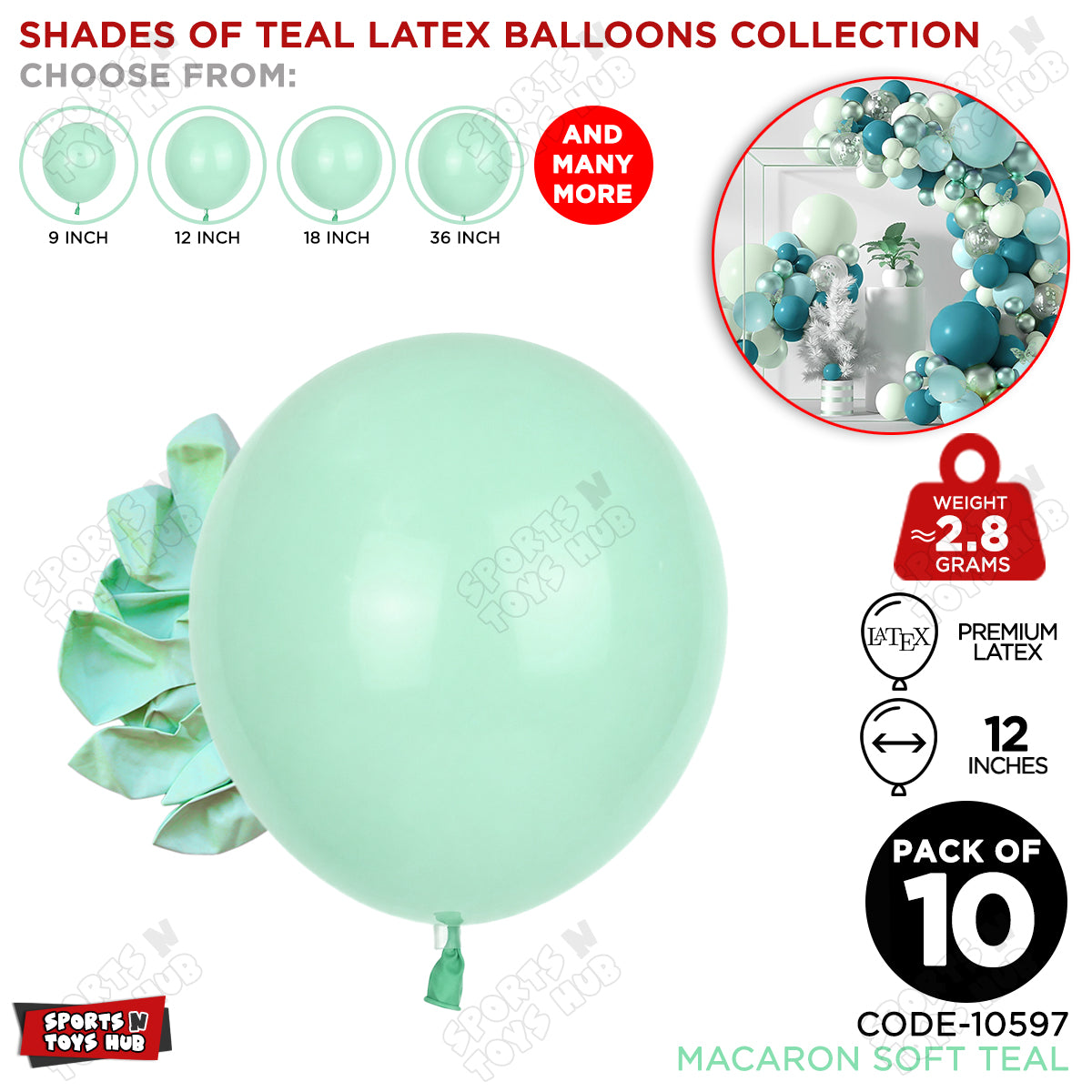 Soft Teal Latex Macaron Balloons Available In 9, 12, 18 & 36 Inch Sizes