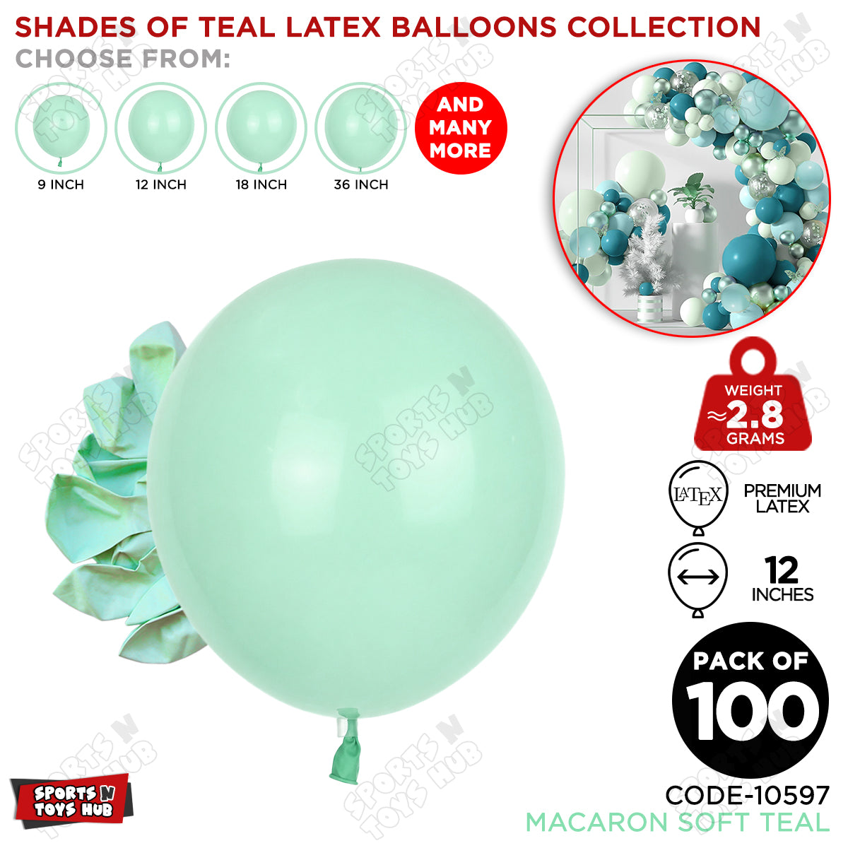Soft Teal Latex Macaron Balloons Available In 9, 12, 18 & 36 Inch Sizes