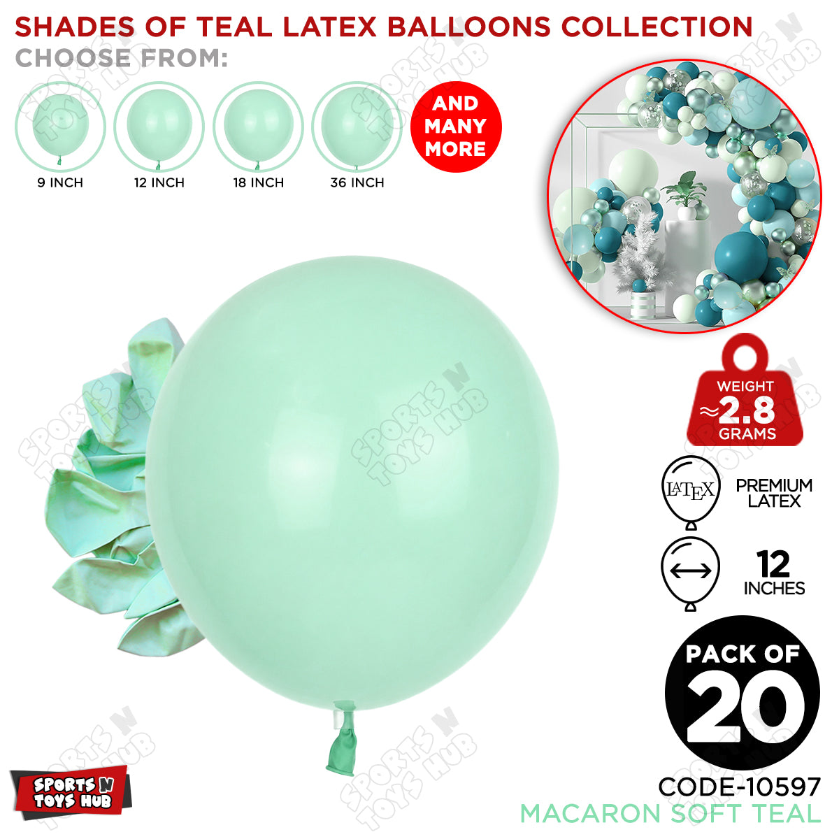 Soft Teal Latex Macaron Balloons Available In 9, 12, 18 & 36 Inch Sizes