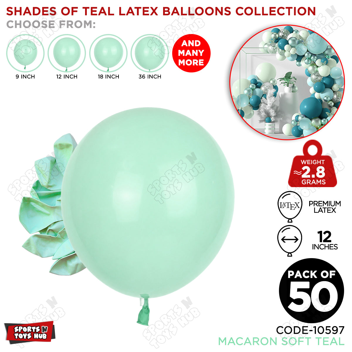 Soft Teal Latex Macaron Balloons Available In 9, 12, 18 & 36 Inch Sizes