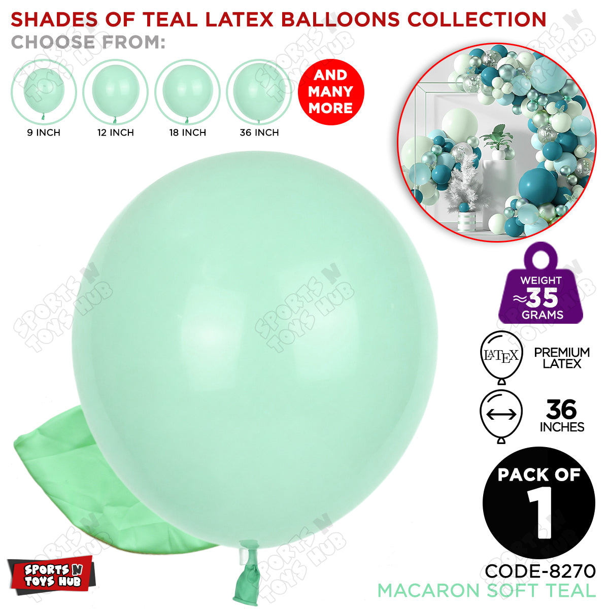 Soft Teal Latex Macaron Balloons Available In 9, 12, 18 & 36 Inch Sizes
