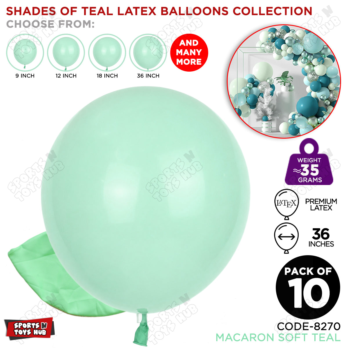 Soft Teal Latex Macaron Balloons Available In 9, 12, 18 & 36 Inch Sizes