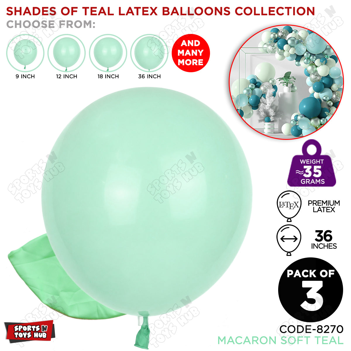 Soft Teal Latex Macaron Balloons Available In 9, 12, 18 & 36 Inch Sizes