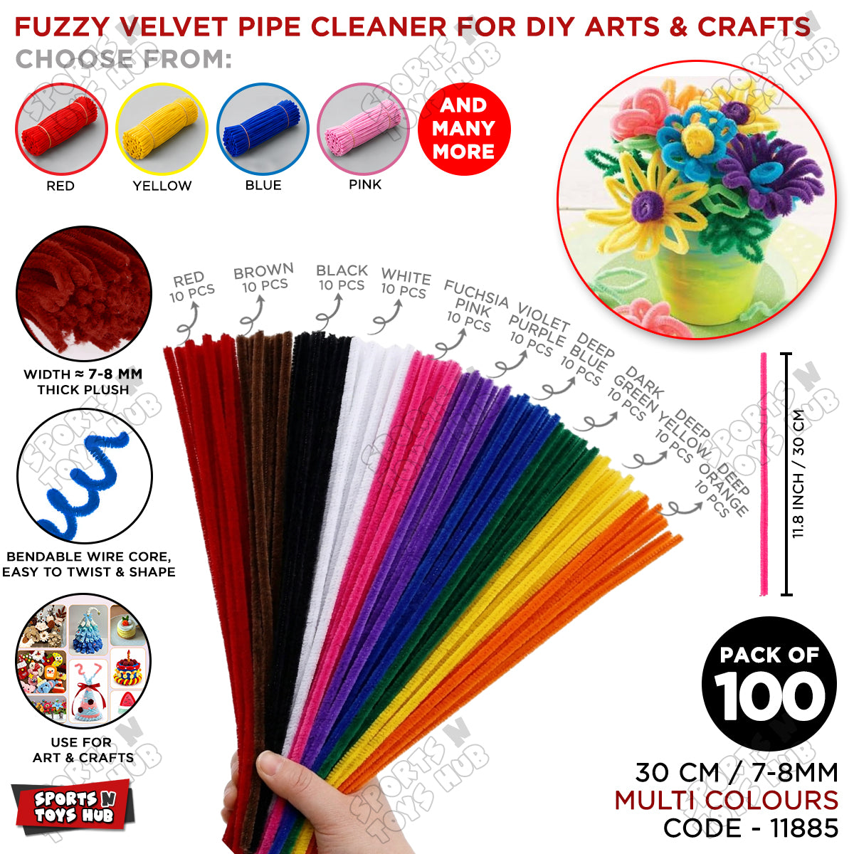 Fuzzy Pipe Cleaners Craft Stems 100 Pcs – 7-8mm Thick x 30cm Chenille Sticks for DIY Crafts, Kids Art Projects, School Activities, Handmade Flowers, Decorations & Creative Craft Supplies