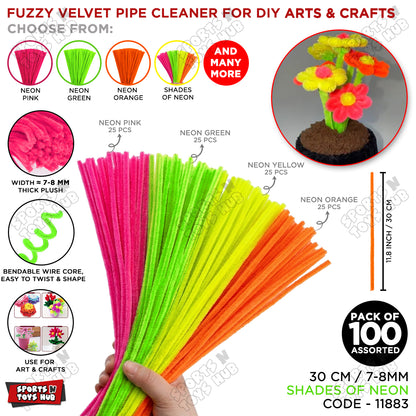 Neon Color Fuzzy Pipe Cleaners 100 Pcs – Premium Chenille Craft Stems 30cm, 7-8mm Thick Flexible Pipe Cleaner Sticks for DIY Arts & Crafts, Kids Creative Projects, School Craft Supplies