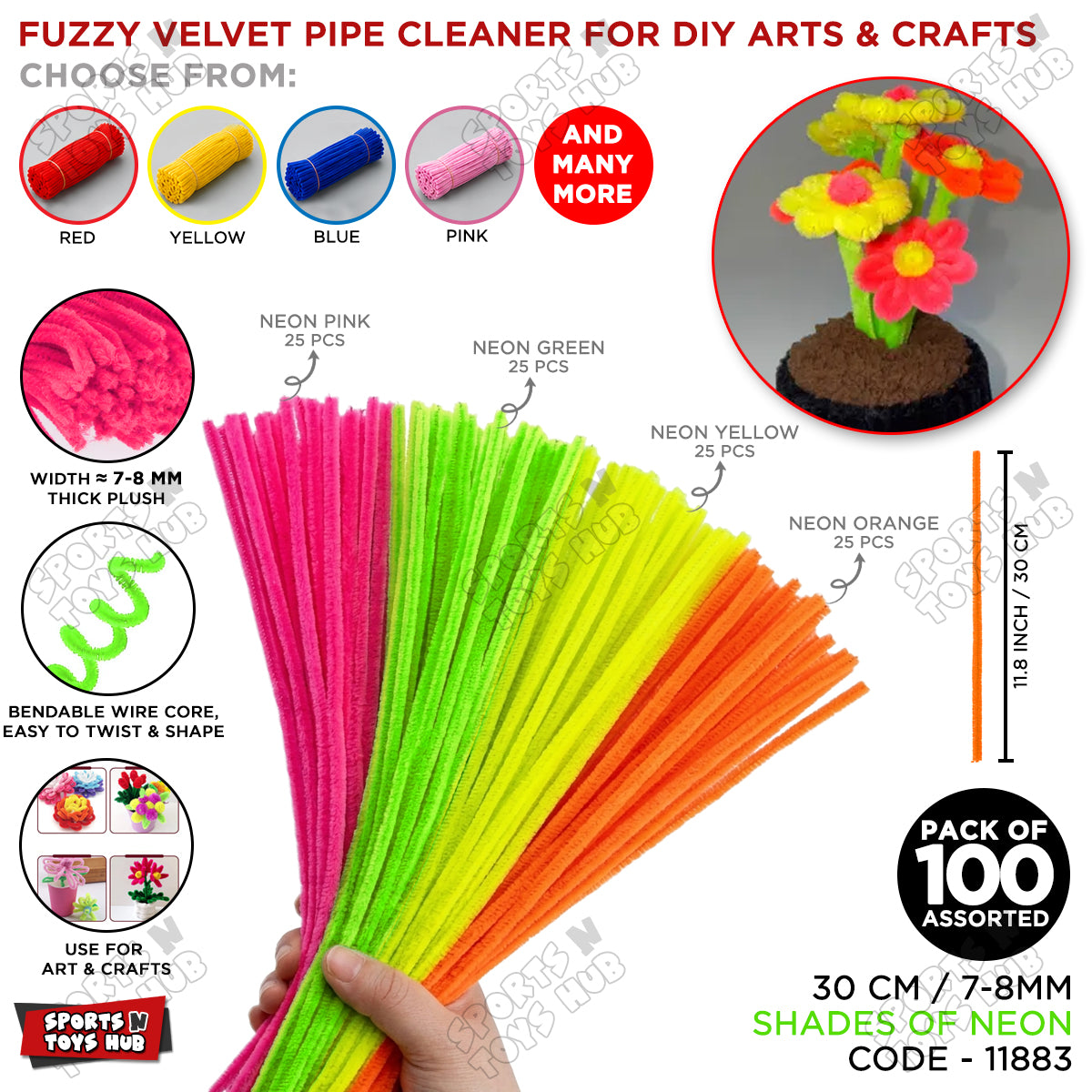 Fuzzy Pipe Cleaners Craft Stems 100 Pcs – 7-8mm Thick x 30cm Chenille Sticks for DIY Crafts, Kids Art Projects, School Activities, Handmade Flowers, Decorations & Creative Craft Supplies