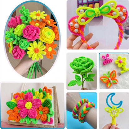 Neon Color Fuzzy Pipe Cleaners 100 Pcs – Premium Chenille Craft Stems 30cm, 7-8mm Thick Flexible Pipe Cleaner Sticks for DIY Arts & Crafts, Kids Creative Projects, School Craft Supplies