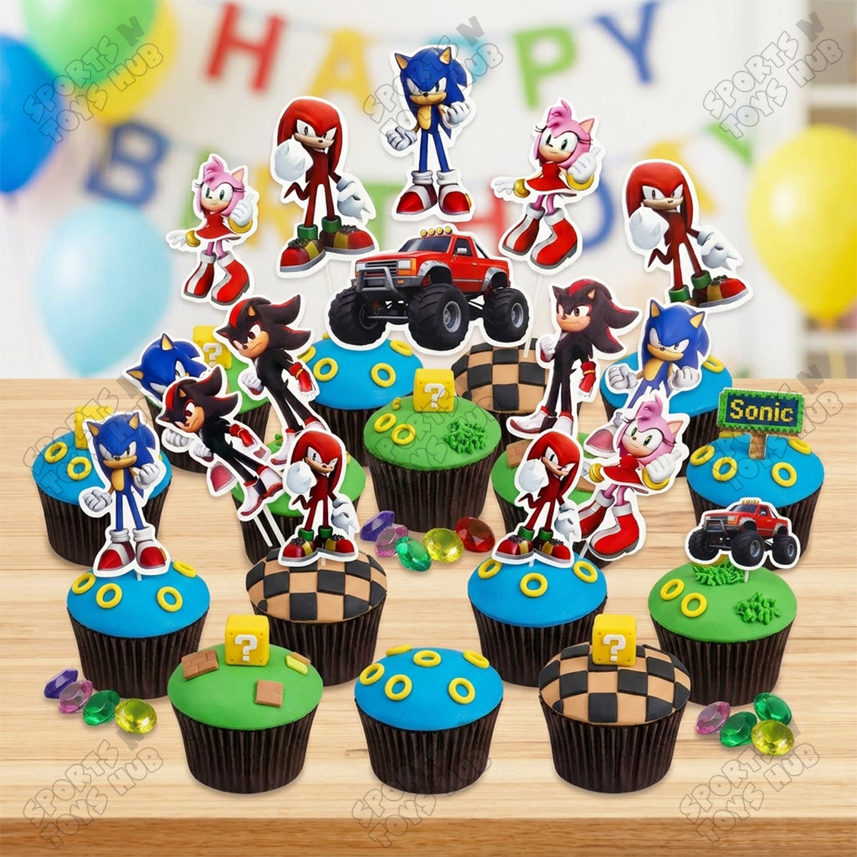 Cartoon Characters HBD Sonic Cup Cake Topper - 12 Pcs