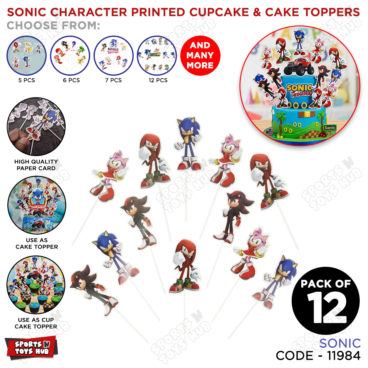 Cartoon Characters HBD Sonic Cup Cake Topper - 12 Pcs