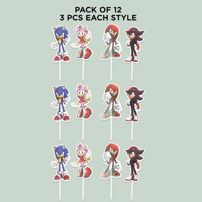 Cartoon Characters HBD Sonic Cup Cake Topper - 12 Pcs