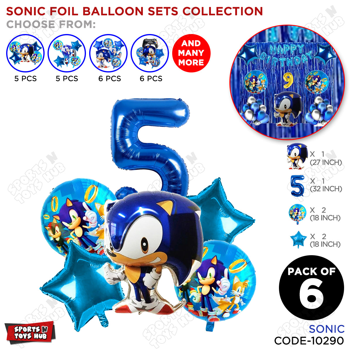 S_o_n_i_c Pack Of 6 Foil Balloon Set