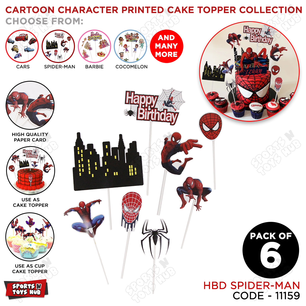HBD Cartoon Character Spider-M@n Cake Topper - 8 Pcs