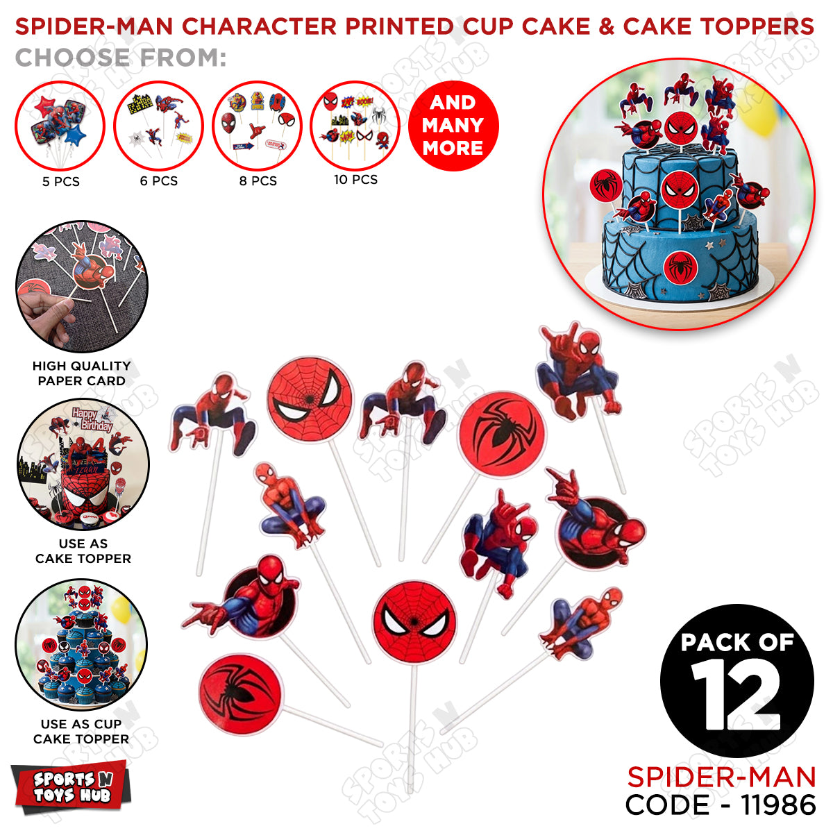 Cartoon Character Spider-M@n HBD Cup Cake Topper - 12 Pcs