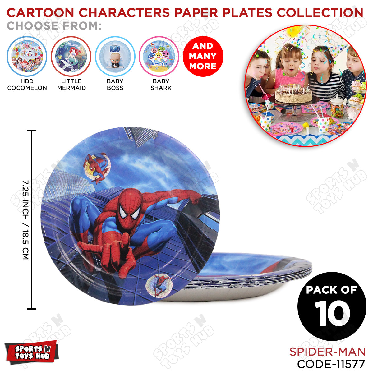 Printed Cartoon Character Spider-Man Disposable Plates - Pack Of 10