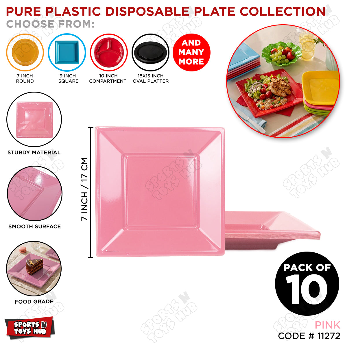 Solid Color Rectangle Disposable Plastic Plates – 7 Inch Pack of 10, Reusable-Look Party Tableware for Birthday, Wedding, BBQ, Picnic, Catering, Snacks, Desserts & Event Food Serving