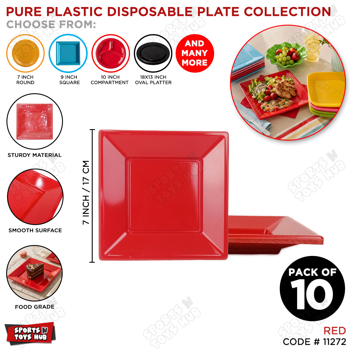 Solid Color Rectangle Disposable Plastic Plates – 7 Inch Pack of 10, Reusable-Look Party Tableware for Birthday, Wedding, BBQ, Picnic, Catering, Snacks, Desserts & Event Food Serving