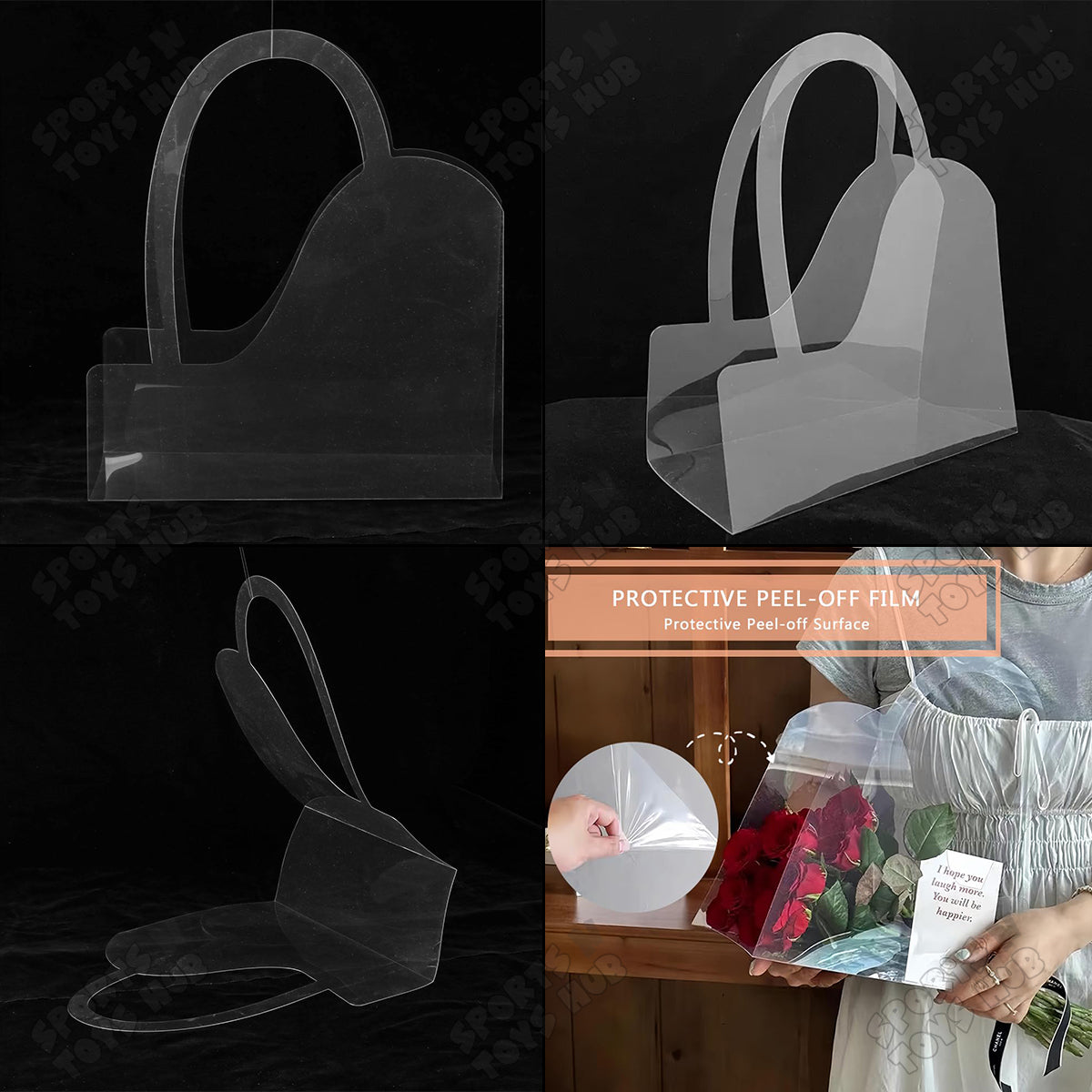 Transparent Crystal Clear PET Flower Gift Bag – S Shape, 37×30×12 CM | Clear Bouquet Gift Bag