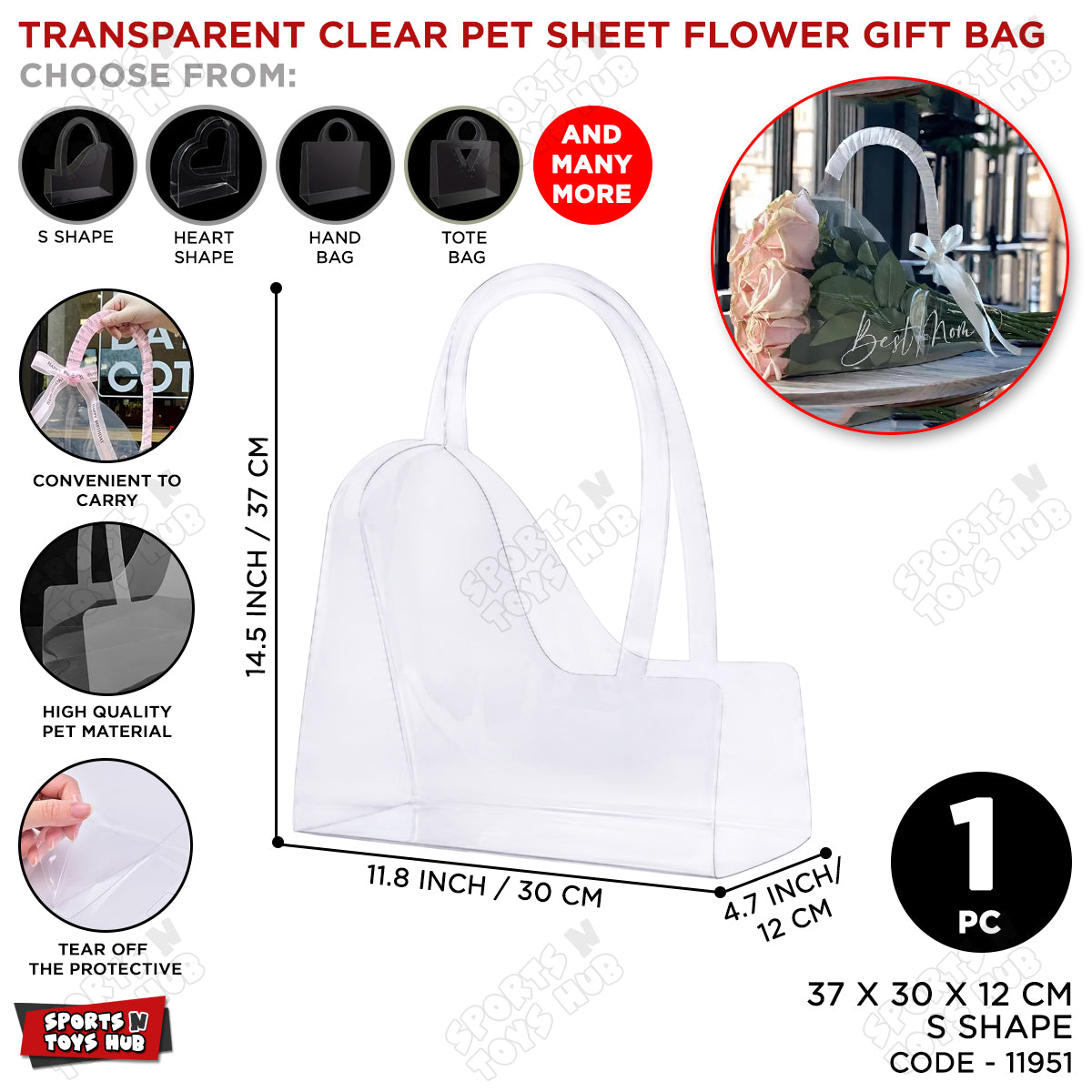 Transparent Crystal Clear PET Flower Gift Bag – S Shape, 37×30×12 CM | Clear Bouquet Gift Bag