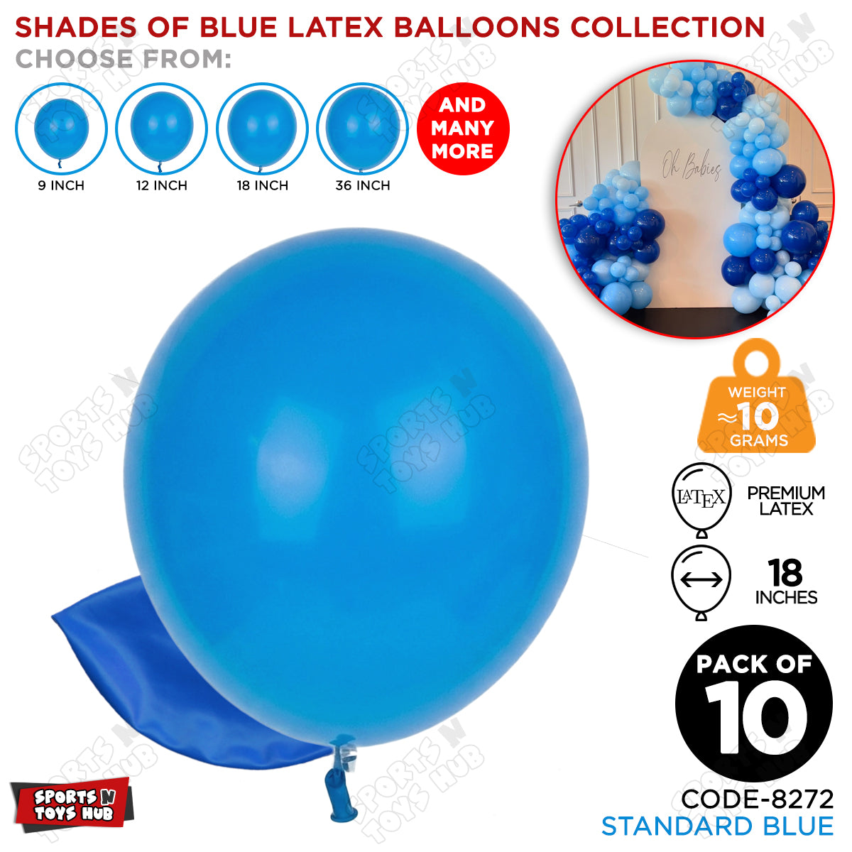 Blue Latex Solid Balloons Available In 9, 12, 18 & 36 Inch Sizes