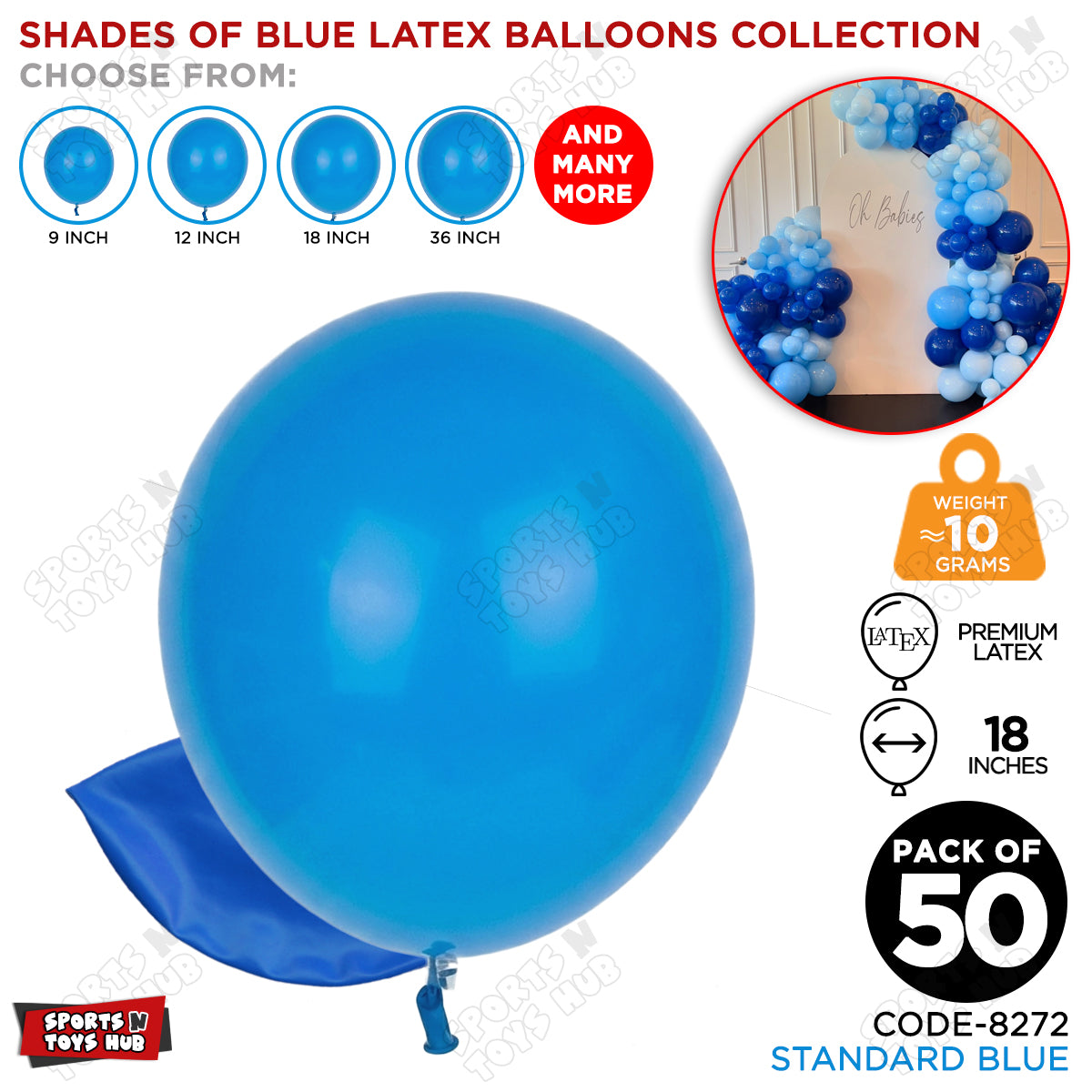 Blue Latex Solid Balloons Available In 9, 12, 18 & 36 Inch Sizes