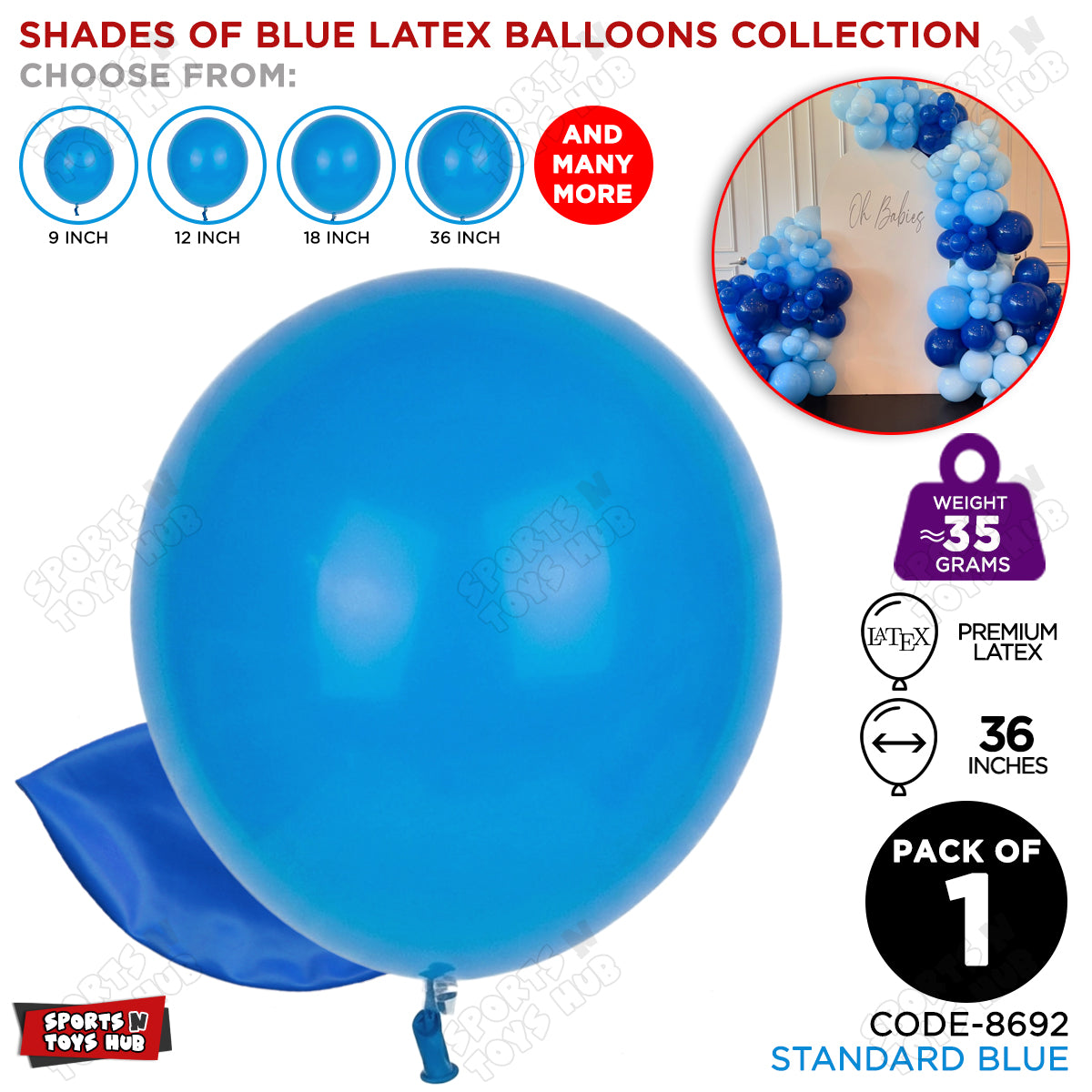 Blue Latex Solid Balloons Available In 9, 12, 18 & 36 Inch Sizes