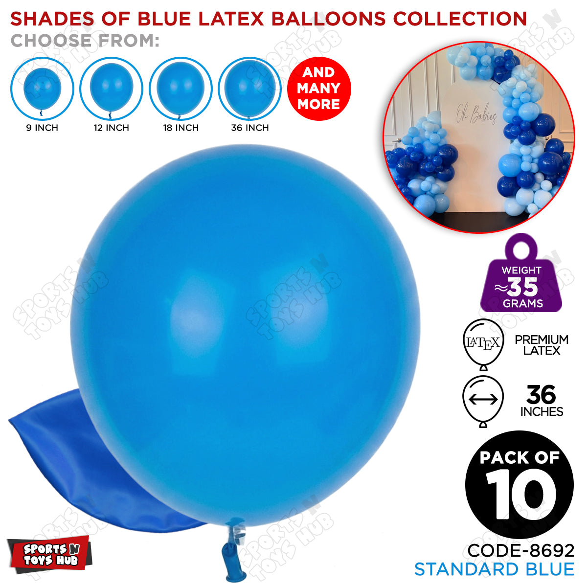 Blue Latex Solid Balloons Available In 9, 12, 18 & 36 Inch Sizes