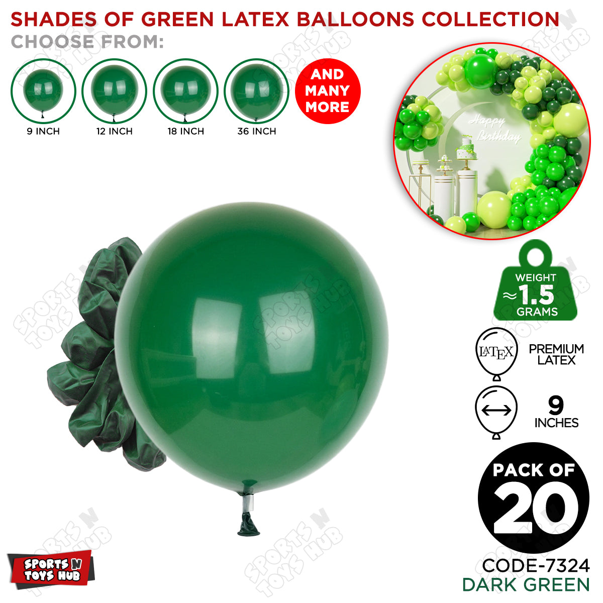 Dark Green Latex Solid Balloons Available In 9, 12, 18 & 36 Inch Sizes