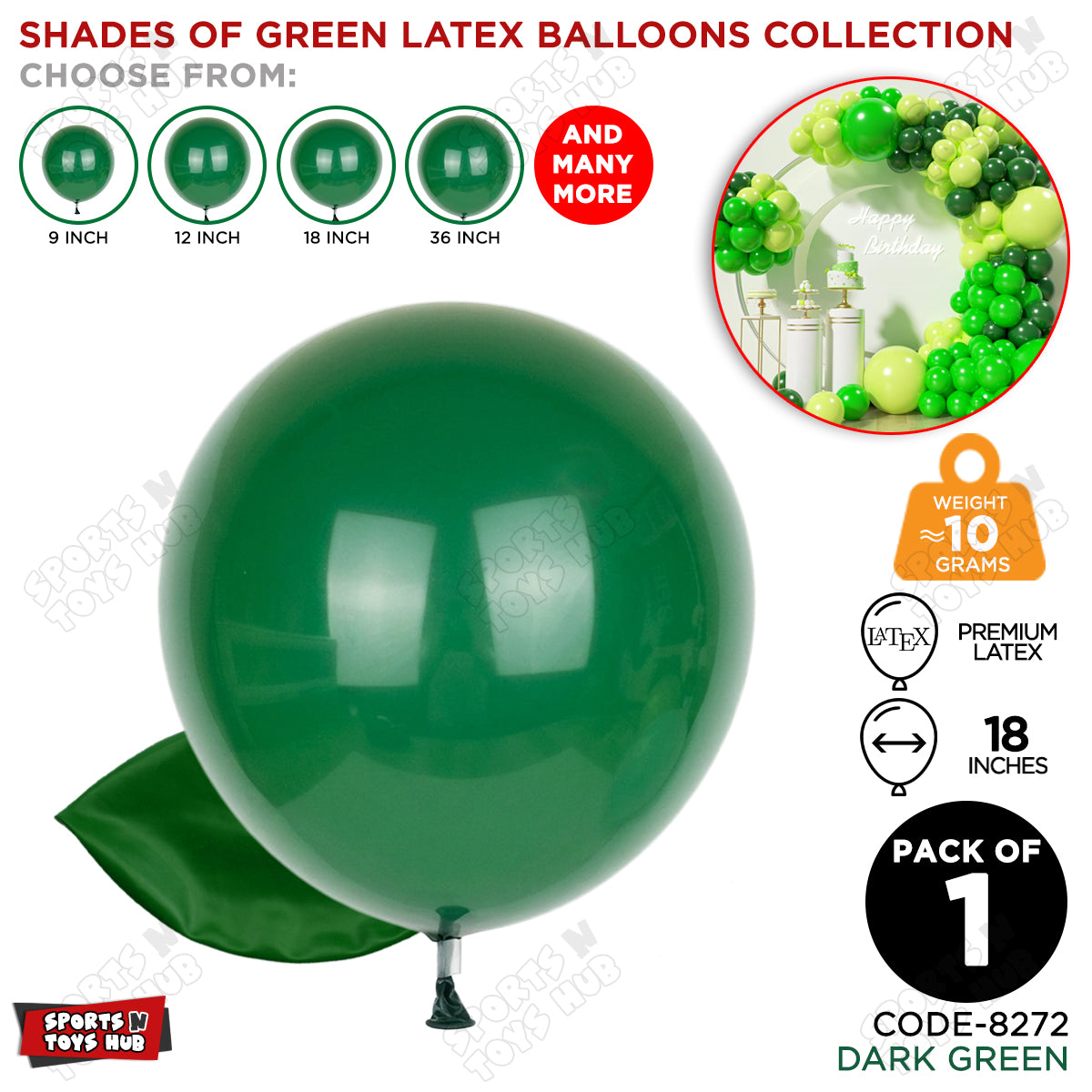 Dark Green Latex Solid Balloons Available In 9, 12, 18 & 36 Inch Sizes