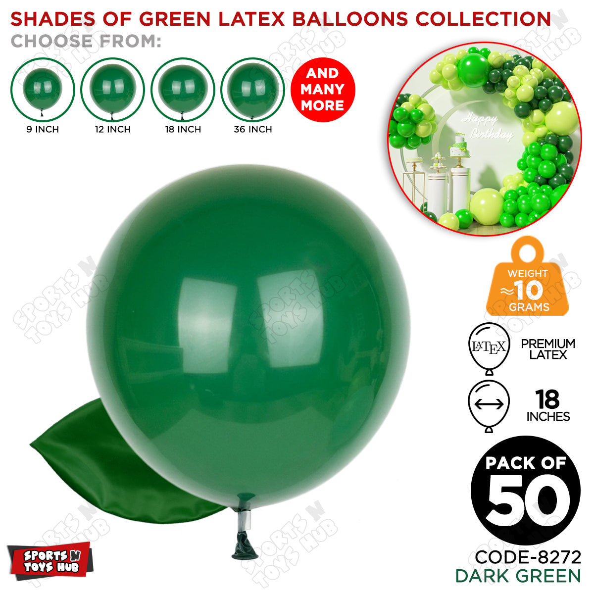 Dark Green Latex Solid Balloons Available In 9, 12, 18 & 36 Inch Sizes