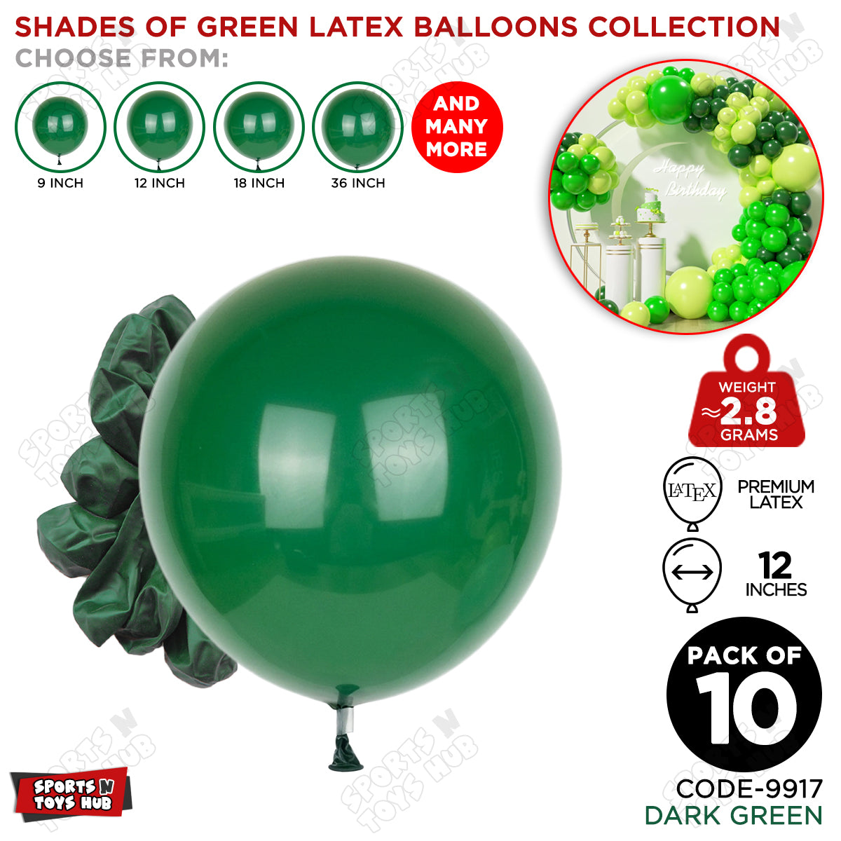Dark Green Latex Solid Balloons Available In 9, 12, 18 & 36 Inch Sizes
