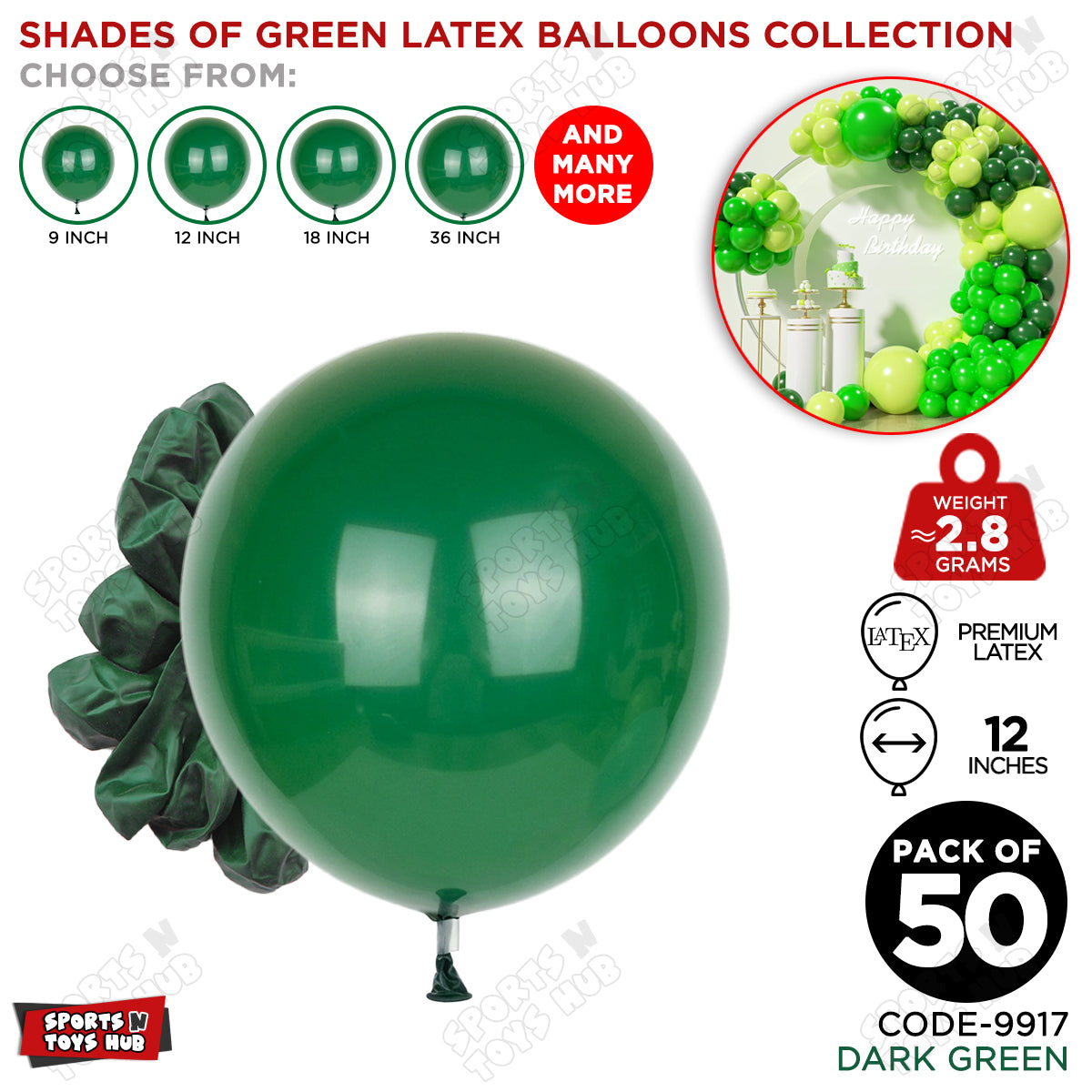 Dark Green Latex Solid Balloons Available In 9, 12, 18 & 36 Inch Sizes