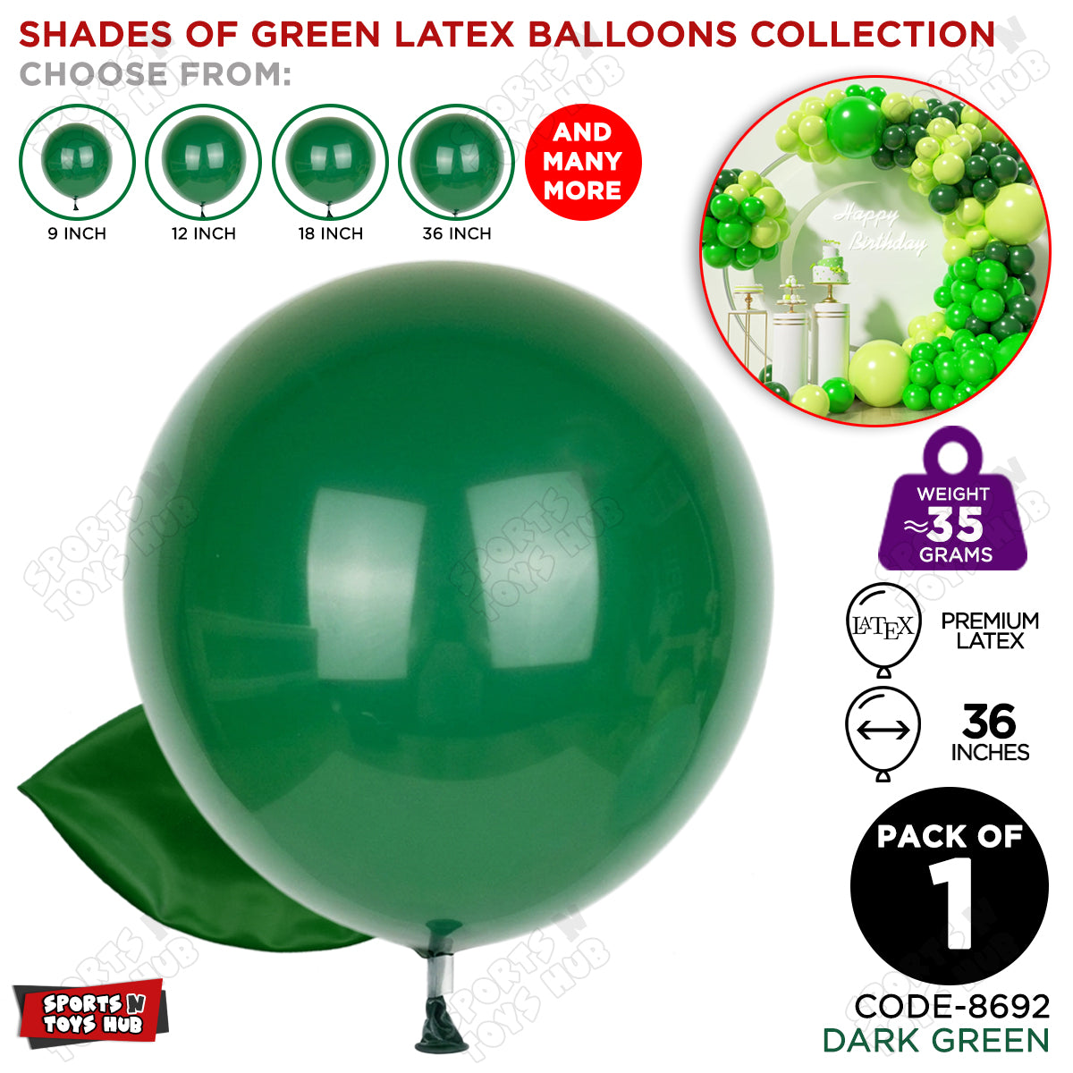 Dark Green Latex Solid Balloons Available In 9, 12, 18 & 36 Inch Sizes
