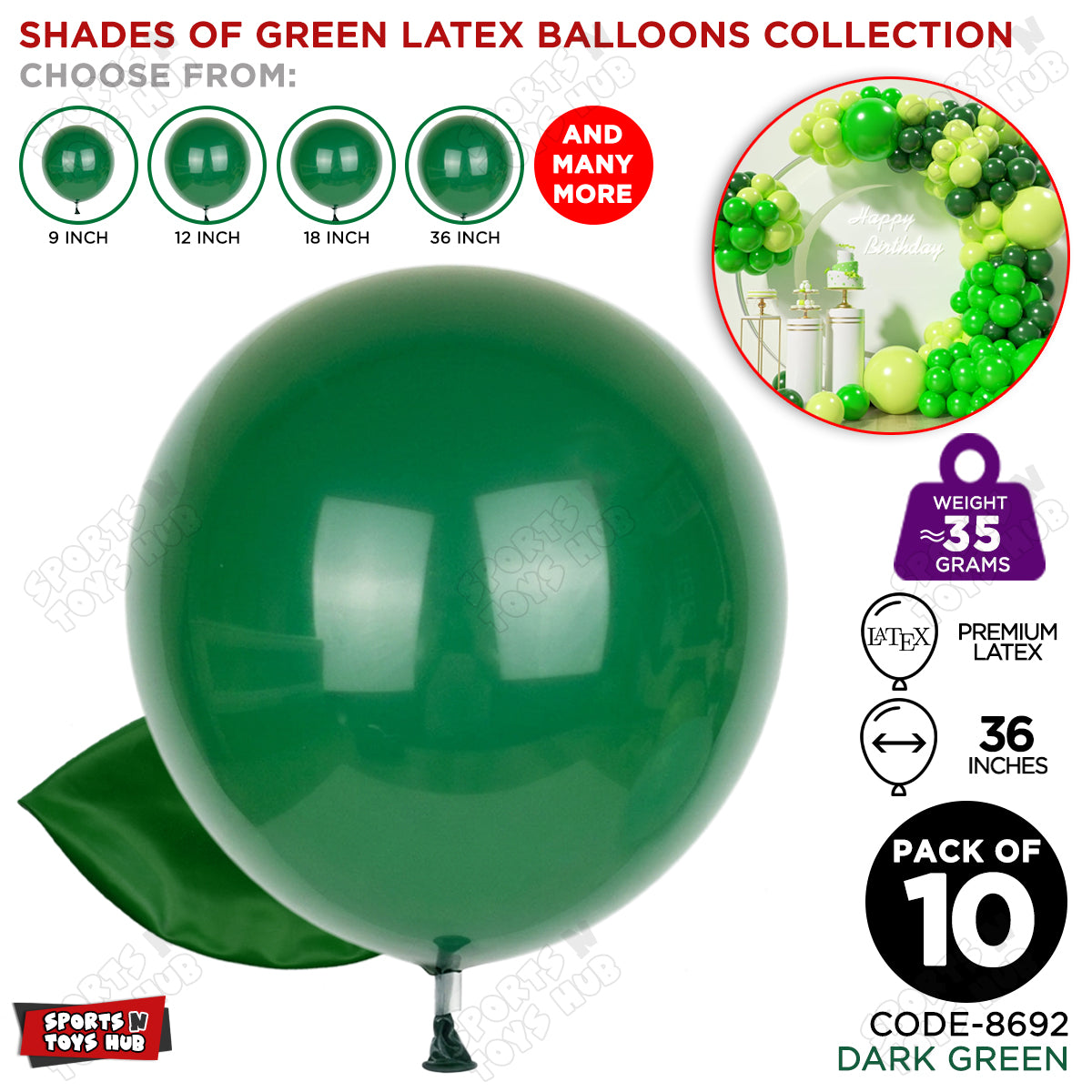 Dark Green Latex Solid Balloons Available In 9, 12, 18 & 36 Inch Sizes