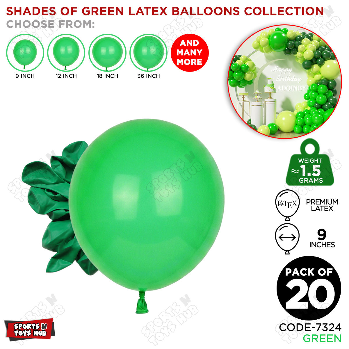 Green Latex Solid Balloons Available In 9, 12, 18 & 36 Inch Sizes