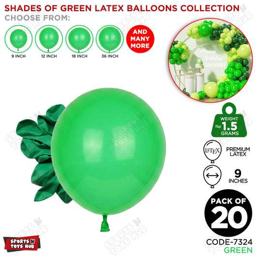 Green Latex Solid Balloons Available In 9, 12, 18 & 36 Inch Sizes