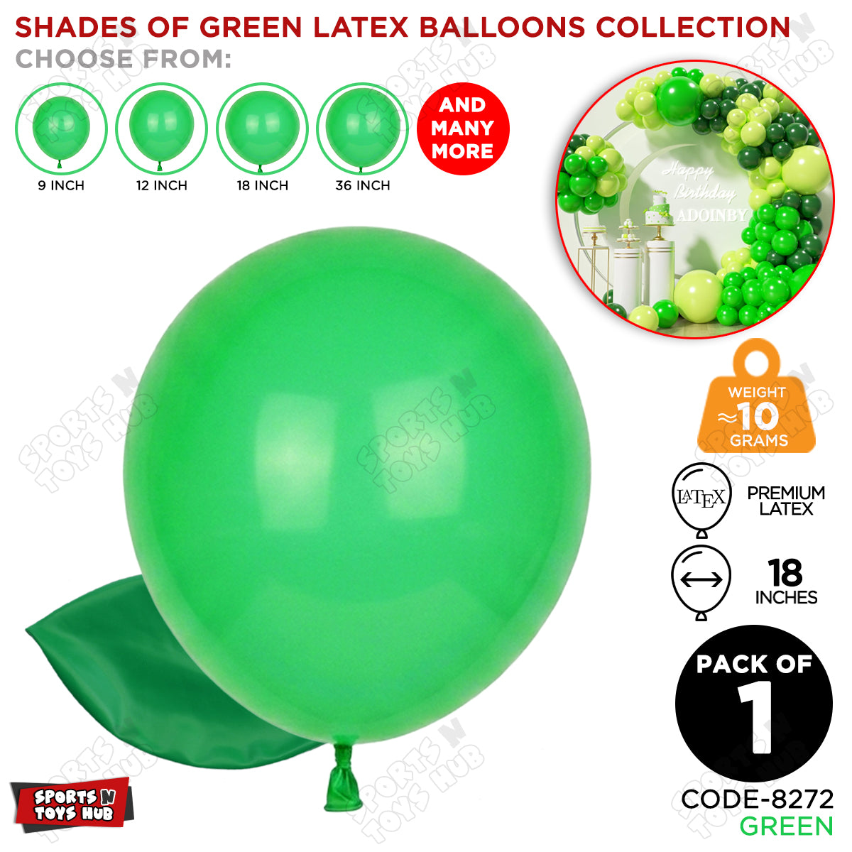 Green Latex Solid Balloons Available In 9, 12, 18 & 36 Inch Sizes
