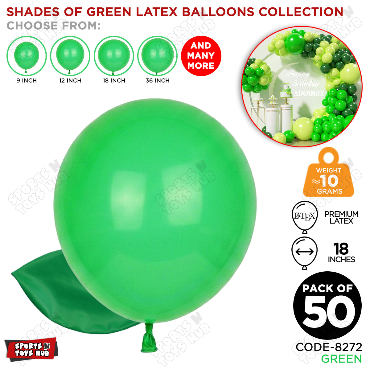 Green Latex Solid Balloons Available In 9, 12, 18 & 36 Inch Sizes