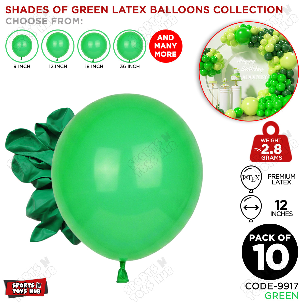 Green Latex Solid Balloons Available In 9, 12, 18 & 36 Inch Sizes