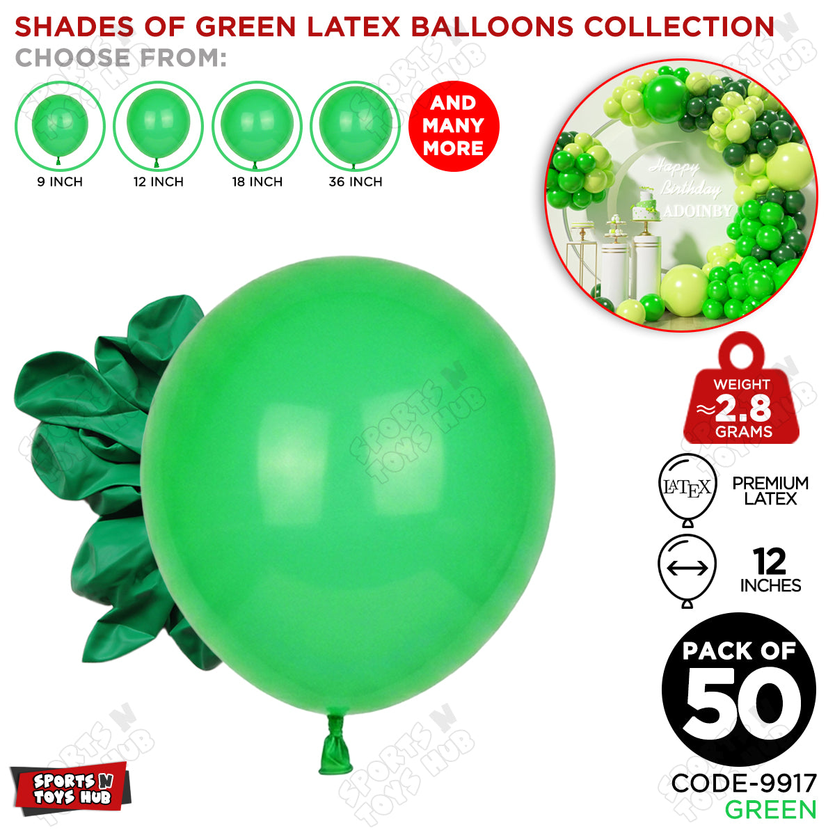 Green Latex Solid Balloons Available In 9, 12, 18 & 36 Inch Sizes