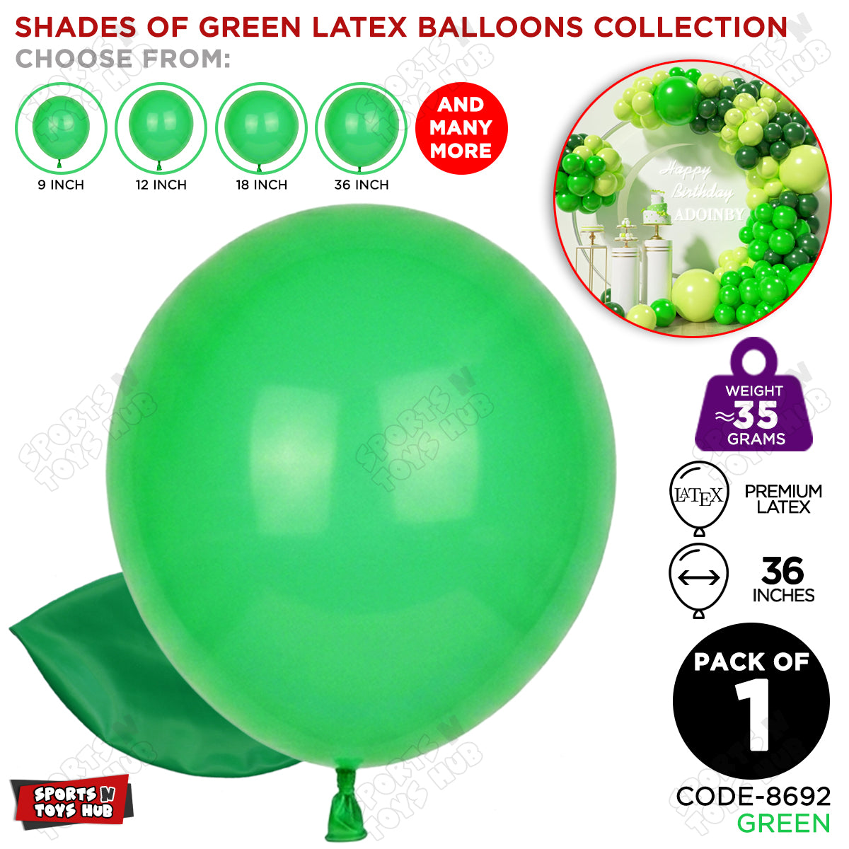 Green Latex Solid Balloons Available In 9, 12, 18 & 36 Inch Sizes