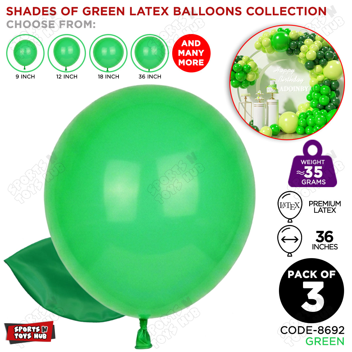 Green Latex Solid Balloons Available In 9, 12, 18 & 36 Inch Sizes