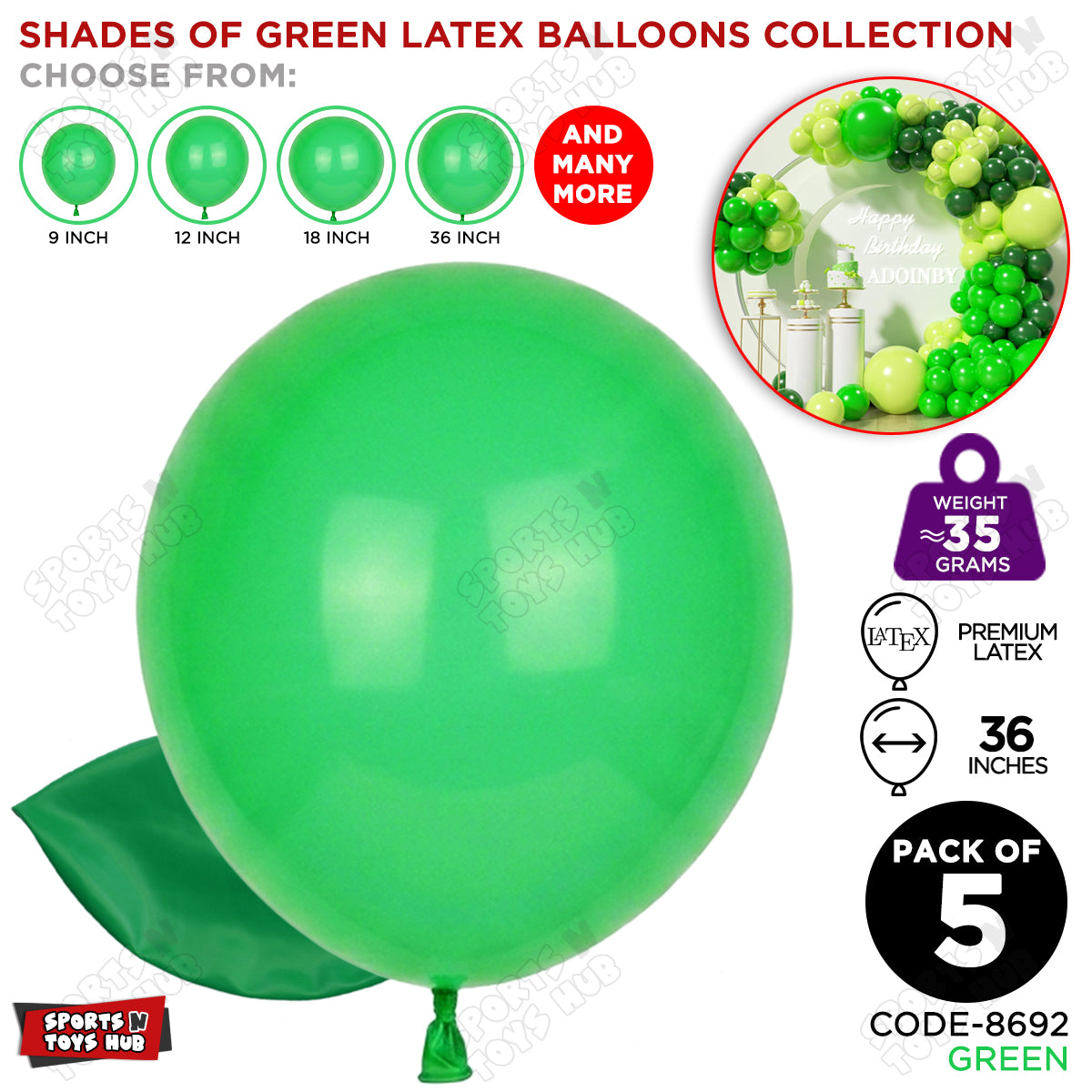 Green Latex Solid Balloons Available In 9, 12, 18 & 36 Inch Sizes